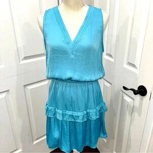 The Impeccable Pig v-neck, sleeveless, teal, ruffled tiered, mini dress